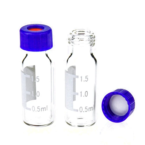 PEKYBIO 2ml Autosampler Vial, 9-425 HPLC Vial with Writing Area and Graduation, Clear Sample Vial and 9mm Blue Screw Cap with Hole, White PTFE&Red Silicone Septa, 100 of Pack