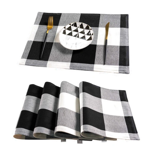 Smile of hope Black and White Buffalo Plaid Placemats 12 x 18 Inche Set of 4, Linen Checkered Double Layer Check Placemat Kitchen Table Mats,Waterproof Heat Resistant Durable Cloth Place Mats