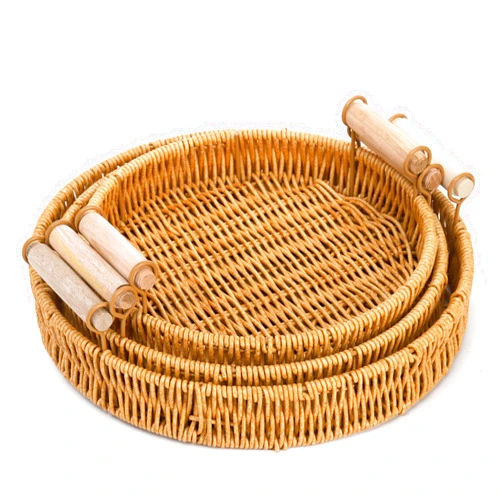 Dicunoy 3 Pack Rattan Basket Tray, Plastic Round Wicker Serving Baskets with Handles for Bread, Coffee Table, Decorative Woven Serving Tray for Vegetable, Snack