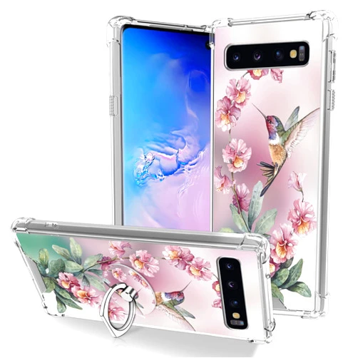OOK Clear Case Compatible with Samsung Galaxy S10, Pink Hummingbird Pattern Flexible TPU Shockproof Anti-Scratch Bumper Transparent Cover for Galaxy S10 with Ring Kickstand
