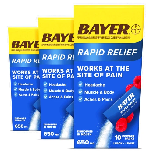 Bayer New Rapid Relief Powder Packs with Aspirin & Caffeine, Dissolvable Fast Acting Pain Relief, Works at Site of Pain to Relieve Headache, Muscle and Body Pain, Raspberry Flavor, 30 Count