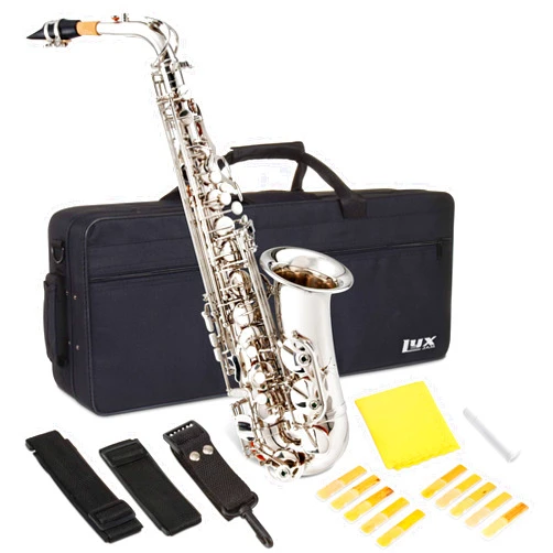 LyxJam Alto Saxophone E Flat Brass Sax Kit, Professional Sound, Complete Accessories, Ideal for All Players, Includes Hard Case, 10 Extra Reeds, Strap, Gloves, Cleaning Kit & More, Nickel Finish