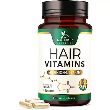 Nature's Nutrition Hair Growth Vitamins - Biotin with Vitamin E & C to Support Thicker & Stronger Hair for Men and Women - Premium Vegetarian, Non-GMO, Gluten Free, Hair Vitamin Supplement (90 Day Supply) 180 Capsules 180 Count (Pack of 1)
