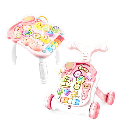 Aelbsty Baby Learning Walker Sit-to-Stand Baby Walker with Wheels Entertainment Table Kids Early Educational Activity Center, Baby Push Walkers for Boys and Girls, Pink