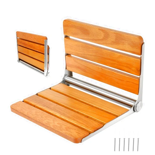 JIUZILIH Folding Shower Seat Wall Mounted Shower Bench Teak Folding Shower Chair Wood Seat 316 Stainless Steel Frame Fold Down Shower Seat 600 lbs,1 Pack