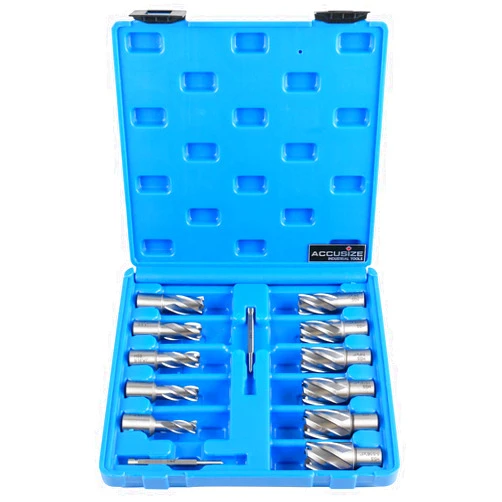 Accusize Industrial Tools 13 Pc 7/16'' to 1-1/16'' Hss Annular Cutters, 1'' Cutting Depth, 3/4'' Weldon Shank, with 2 Pilot Pins, Strong Box, N10