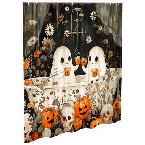 Simday Cute Cartoon Ghost Shower Curtain Set Halloween Shower Curtain Washable Halloween Bathroom Curtain Polyester Fabric Spooky Bathroom Curtain with Hooks for Bathroom Decor
