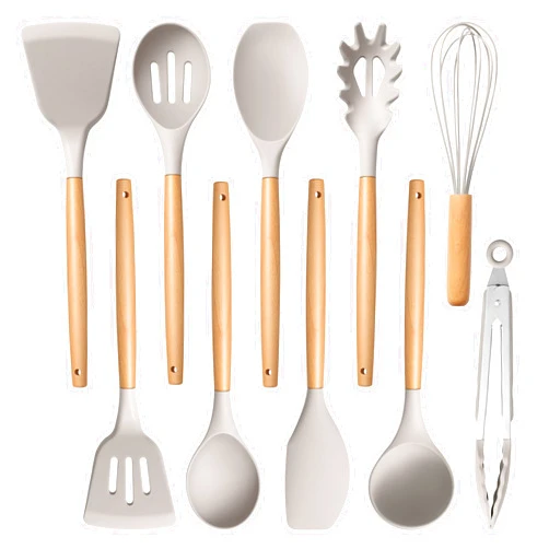 E-far Silicone Cooking Utensils Set, 10-Piece Heat Resistant Kitchen Utensils Set with Wooden Handle for Nonstick Cookware, Kitchen Nonstick Tools Spatula Whisk Tongs Ladle, Non-toxic & Healthy(Khaki)