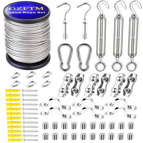 GZFTMKOBNS 1/16 Wire Rope Kit,100FT 304 Stainless Steel Cable,M5 Turnbuckle Kit,Vinyl Coated Wire Rope for Garden Wire,Aircraft Cable,String Light Hanging Kit
