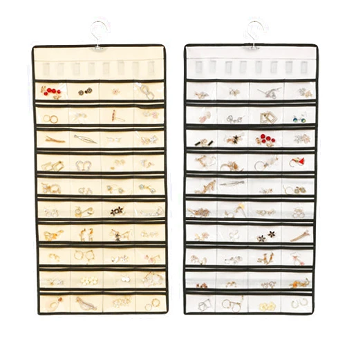 ACQTULOU 2 Pack Dual-sided Hanging Jewelry Organizer, Travel Bracelet Ring Earrings Storage Closet with Rotating Metal Hanger, 48 Pockets Jewelry Organizer Accessories (white&beige 48)