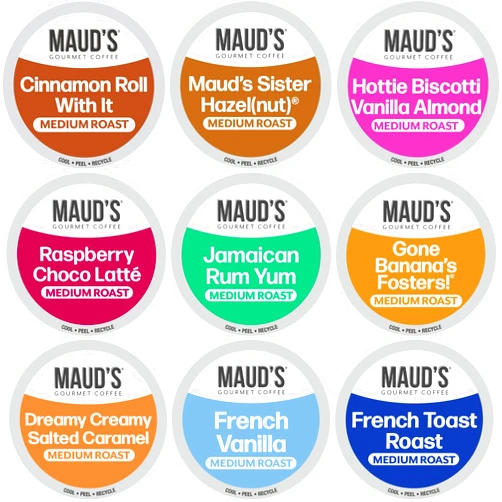 Maud's Flavored Coffee Pods Variety Pack, 40 ct, 9 Assorted Flavors, Medium Roast Flavored Coffee in Recyclable Single Serve Pods – 100% Arabica Beans, Compatible with Keurig K Cups Maker