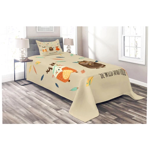 Lunarable Woodland Coverlet, Hand Drawn Boho Tribal Owl Deer and Fox in Meditation with Falling Feathers Pastel, 2 Piece Decorative Quilted Bedspread Set with 1 Pillow Sham, Twin Size, Multicolor