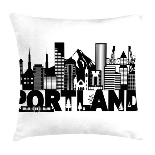 Lunarable Portland Throw Pillow Cushion Cover, Famous Landmarks in Oregon State Buildings Mount Hood and Hawthorne Bridge, Decorative Square Accent Pillow Case, 18