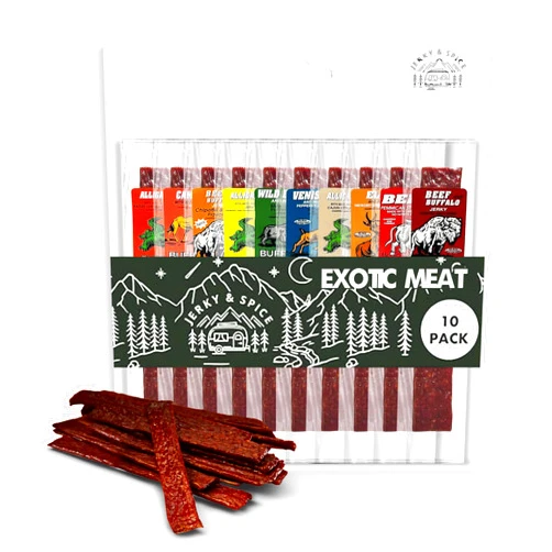 Jerky-n-Spice Buffalo Bob's Exotic Jerky (10-Pack), 10 Flavor Variety Pack of Exotic Snacks, Wild Game Jerky Snack Packs for Fathers, Food Gifts Healthy Beef Sticks, Beef Jerky Gifts for Men, Food Gifts For Men