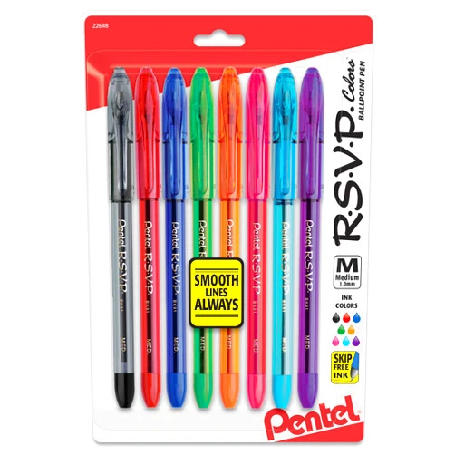 Pentel RSVP Ballpoint Pen, (1.0mm), Medium Line, Assorted Ink, Pack of 8 (BK91CRBP8M)