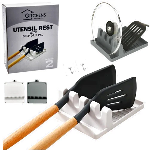 Gitchens Premium Utensil And Spoon Rest with Deep Drip Pad And Pot Lid Holder | Utensils And Spoons Cooking Stand for a Clean Grill, Stove And Kitchen | 2 Pack with Hanging Hooks (White and Grey)