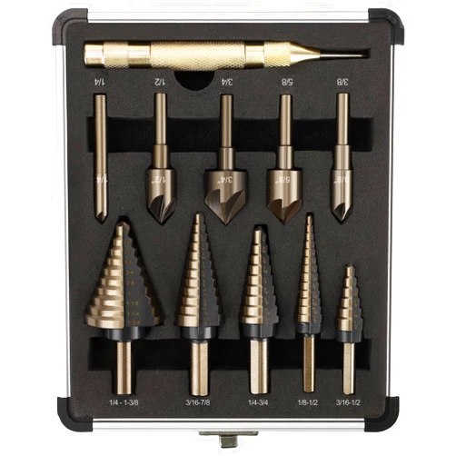 TEWORDA 5 Pcs Step Drill Bit & 5 Pcs Countersink Drill Bit Set, Titanium High Speed Steel Step Drill Bit, 50 Sizes of Step Bit for Metal, HSS Step Bit with Aluminum Case for DIY, Multiple Hole Stepped Up Bits