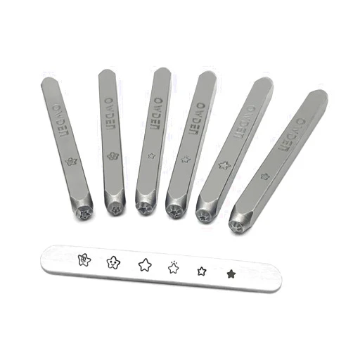 Owden 6Pcs. Metal Design Stamps Punch Set,Alloy Steel Made, 6 Styles Star Stamps Size:3mm and 2mm, Metal Design Stamping Punch for Jewelry Marking on Blank Aluminum,Brass,Copper Tags and Bracelet.