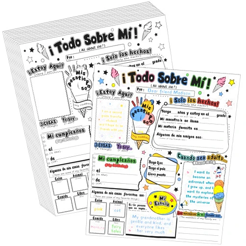 Nuanchu 36 Pcs 20'' x 17'' Color Your Own All About Me Spanish Posters Spanish All About Me Poster Bilingual Elementary School Posters for Students School Activities Kindergarten Spanish Speaking Kids
