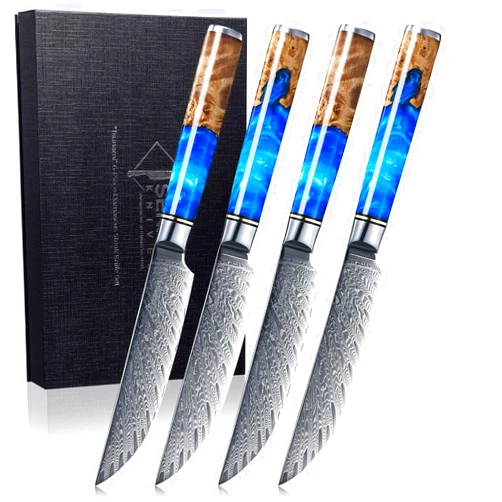 Senken Knives SENKEN Damascus Steak Knife Set - Tsunami Collection - 67-Layer Japanese VG10 Steel - Razor Sharp Non-Serrated Blades, Blue Resin & Natural Wood Pattern Handles, Luxury Gift Box (4 Steak Knife Set)