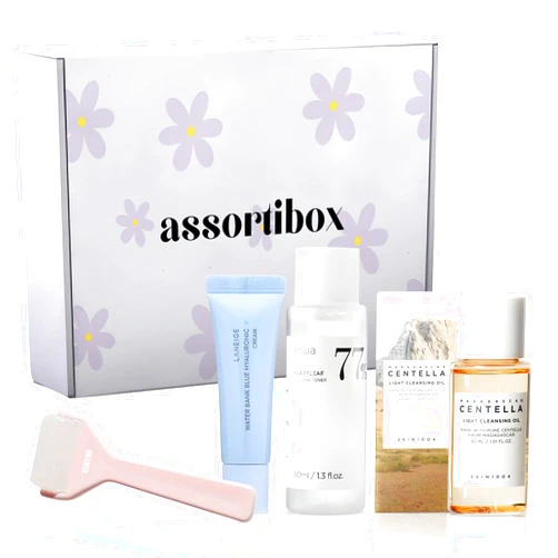AssortiBox Korean Skin Care Self Care Gift Set Vitamin C Face Serum Face Ice Roller, Hydrating Moisturizer, Korean Toner, Cleanser Good Molecules Travel Size Gift Kit (4 Count)