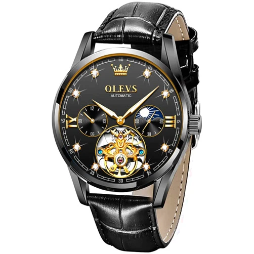 OLEVS Mens Leather Watches Automatic Mechanical Skeleton Tourbillon Diamond Luxury Self Winding Dress Wrist Watches Moon Phase Waterproof Luminous