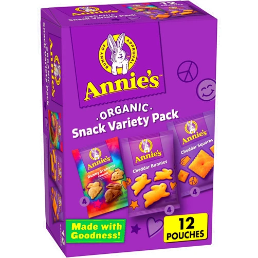 Annie's Homegrown Annie's Organic Variety Pack, Cheddar Bunnies, Bunny Grahams and Cheddar Squares, 12 Pouches, 11 oz
