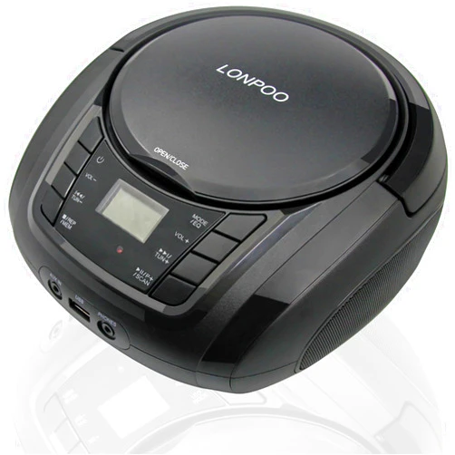 LONPOO Portable Boombox - CD Player, Bluetooth, USB, MP3, AUX, FM Radio, Portable, Built-in Stereo Speakers, Carrying Handle, LCD Display, Black