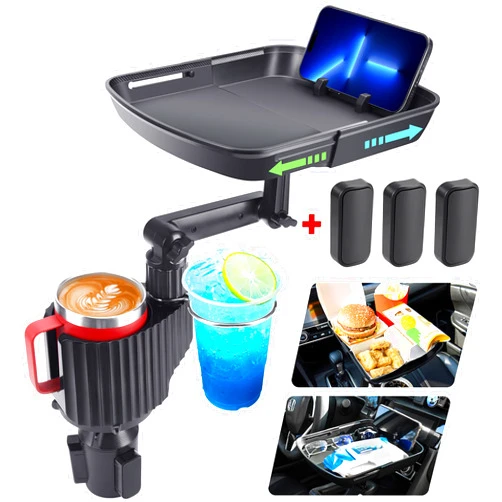 Aucurwen Cup Holder Tray for Car Cup Holder Expander for Car, 3 in 1 Expandable Car Food Table Tray for Eating - Road Trip Essentials, Car Gadgets for Men, Car Travel Accessories Fits 12-40 oz