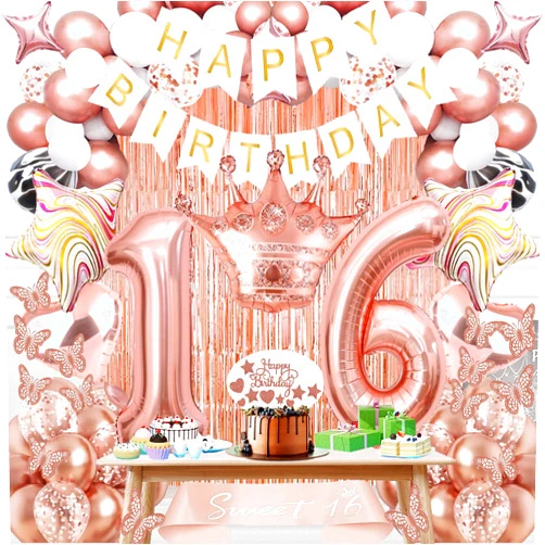 JiaYJinX Sweet 16th Decorations for Girls - Rose Gold 16 Birthday Party for Her , Happy Birthday Banner , 3D Butterfly , Balloon Arch , Cake Topper, Foil Balloons and Sash for Girls Sixteen Years Supplies.