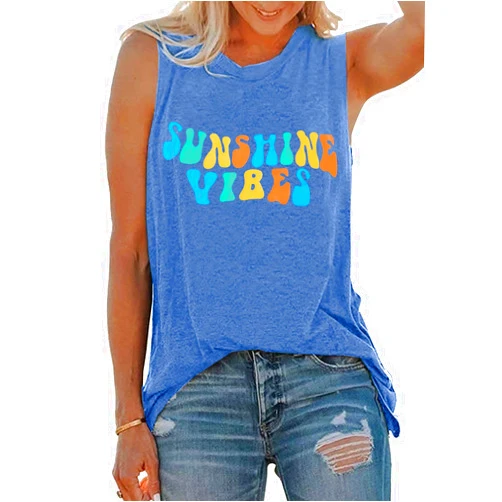 BANGELY Sunshine Vibes Letter Print Vest T Shirt Women's Summer Sleeveless Graphic Tank Tops Casual Loose Workout Tees