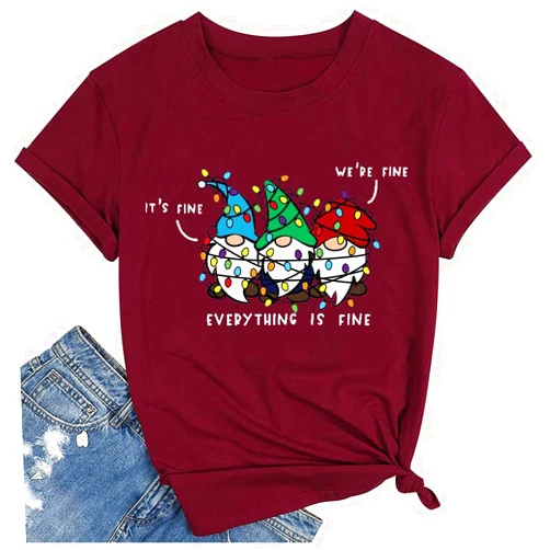FCHICH It's Fine We're Fine Shirt for Women - Christmas Gnomes Graphic Tee