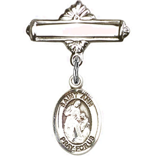 Bonyak Jewelry Saint Medal Collection Sterling Silver Baby Badge with St. Ann Charm and Polished Badge Pin 1 X 5/8 inches