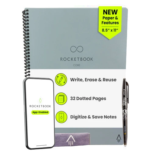 Rocketbook Core Reusable Smart Notebook, Dot Grid Pages For School, Work and Creative Projects, Letter Size 8.5x11, Grey - Premium