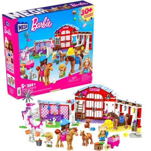 Mega Brands Mega Barbie Pets Horse Toy Building Set with 3 Micro-Dolls and Accessories, 9 Pets, Easy-to-Build Horse Stables Playset,
