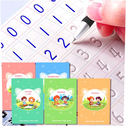 ESAUYB Magic Practice Copybook, Reusable Writing Practice Book, for Preschool Kids Age 3-8 ​Calligraphy 9.44in×6.29in(5 Books with Pens)