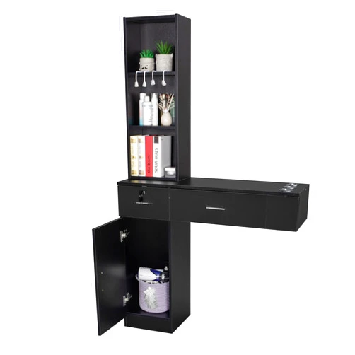 OmySalon Wall Mount Barber Stations, Salon Stations for Hair Stylist, Hair Styling Equipement Set with a Storage Cabinet, 2 Drawers and a 3 Tier Shelf (Black)