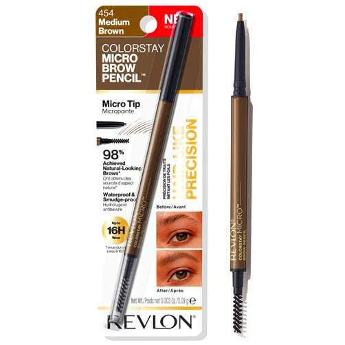 Revlon ColorStay Micro Eyebrow Pencil with Built In Spoolie Brush, Infused with Argan and Marula Oil, Waterproof, Smudgeproof, 454 Medium Brown, 0.003 oz