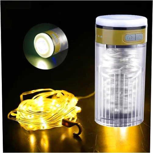YZYOE LED Rechargeable Flashlight and Warm Light Two in One Camping Light, Outdoor Portable Tent Atmosphere Decoration Light. Can Hang Ultra Long 10 Meter Light Strip with Multifunctional Lighting.