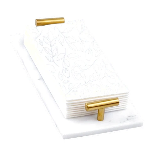ROSODOM | Luxurious White Marble Vanity Tray for Bathroom Countertop, Kitchen Counter, Coffee Table and Marble Guest Towel Tray with Gold Handles