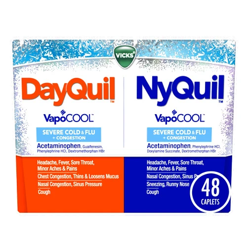 Vicks DayQuil and NyQuil VapoCOOL SEVERE Combo Cold & Flu + Congestion Medicine, Max Strength Relief For Fever, Sore Throat, Nasal Congestion, Sinus Pressure, Cough, 48 Count - 32 DayQuil, 16 NyQuil