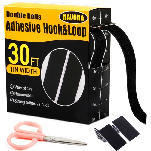 Navona 30Ft x 1 Inch Hook and Loop Strips with Adhesive, Double Rolls of Heavy Duty Self Adhesive Tape with Backing, Nylon Self Adhesive Tape for Home Office School and Crafting,Black