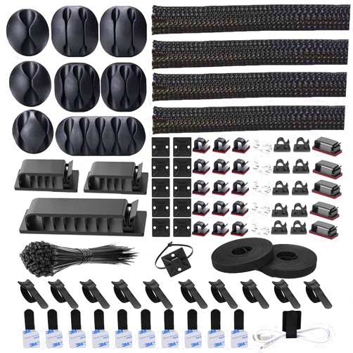 N NOROCME 192 PCS Cable Management Kit 4 Wire Organizer Sleeve,11 Cable Holder,35Cord Clips 10+2 Roll Cable Organizer Straps and 100 Fastening Cable Ties for Computer TV Under Desk, black,clear