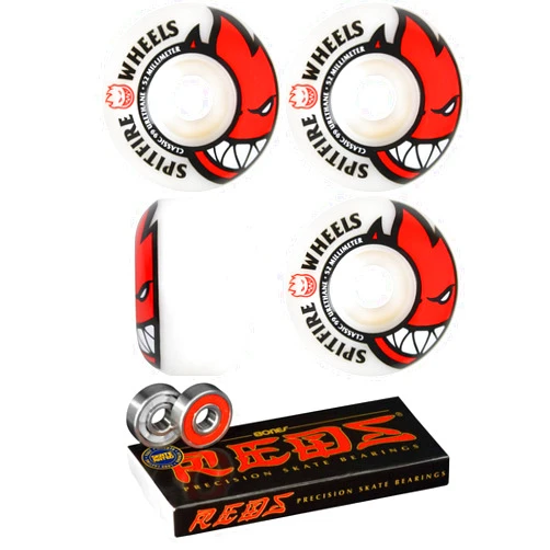 Spitfire 52mm Wheels Bighead White/Red Skateboard Wheels - 99a with Bones Bearings - 8mm Bones Reds Precision Skate Rated Skateboard Bearings (8) Pack - Bundle of 2 Items