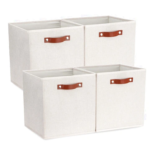 Temary Fabric Storage Cubes Storage Bins with Dual Leather Handles, 4 Pack Cube Baskets 13x13 Foldable Cube Organizers for Shelves, Home, Office, Nursery