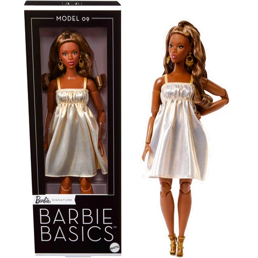 Barbie Basics Model Collector Fashion Doll 09 with Brunette Hair in Golden Dress & Strappy Heels, Universal-fit Fashions & Posable Body