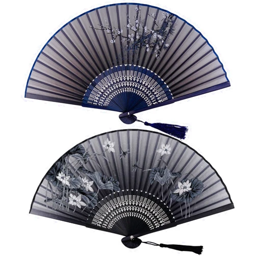 Bantoye 2 Pieces Handheld Fans Silk Folding Fans with Bamboo Frames for Dancing Cosplay Wedding Party Props Decoration, Gray Black, Floral