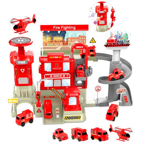 deAO Fire Station with Fire Truck Set Firefighting Playset Pretend Play Toy with Car, Helicopter and Accessories, Preschool Learning Educational Toys for Toddllers