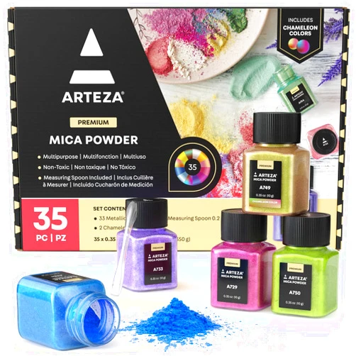 ARTEZA Mica Powder for Epoxy Resin, Set of 35, Assorted Colors, 0.35 oz Bottles, Mica Powder for Candle Making and DIY Crafts