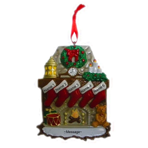 Rudolph and Me Fireplace with Stockings Family of 5 Ornament